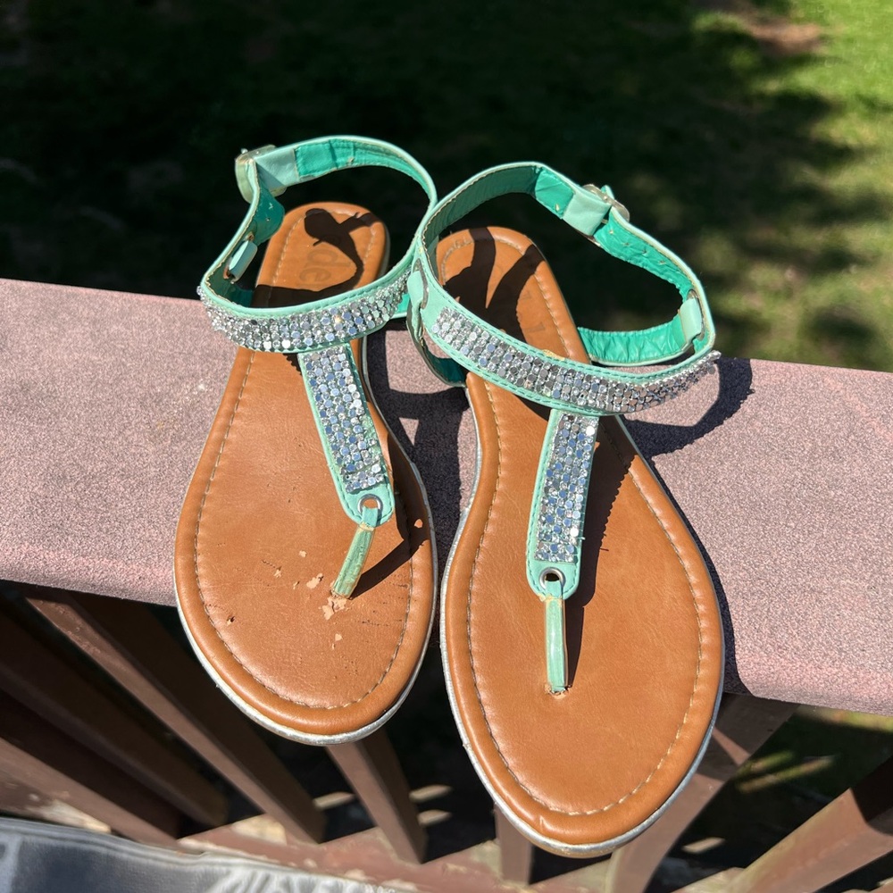 Women’s Jeweled T-Strap Sandals - Size 9, Mint Green, Rhinestone Embellished
